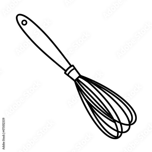 Kitchen whisk hand drawn vector icon. A culinary tool for beating eggs, making baked goods, sauces, desserts. Food sketch, black and white doodle. Clipart for decoration, menu design, cafe, bakery.