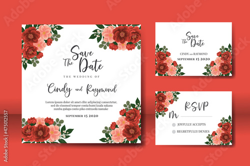 Wedding invitation frame set, floral watercolor Digital hand drawn red camellia Flower design Invitation Card Template