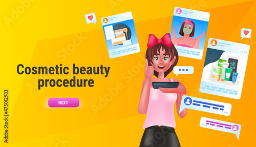 woman using online application digital gadget cosmetic beauty procedure social media network concept