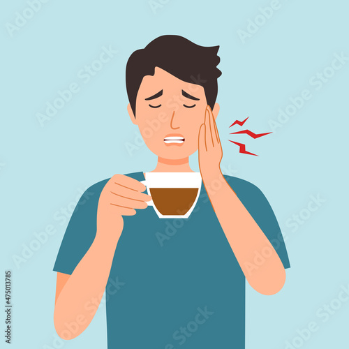 Man with sensitive teeth and hand holding a cup of hot coffee in flat design. Dental problem concept vector illustration.