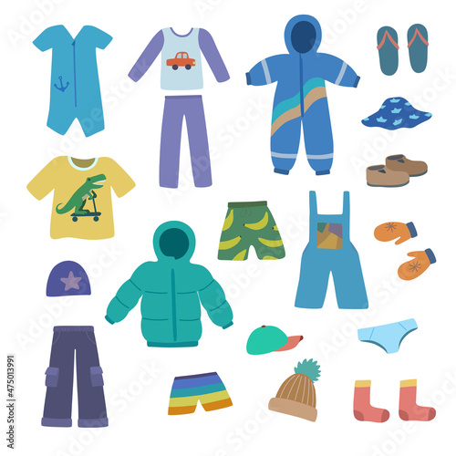 Set of cute boy clothes in doodle cartoon style. Vector clip art of dress for design.