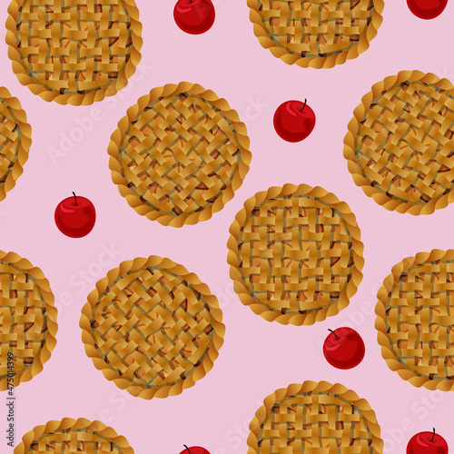 Vector seamless pattern of apple pies top view isolated on pink background.