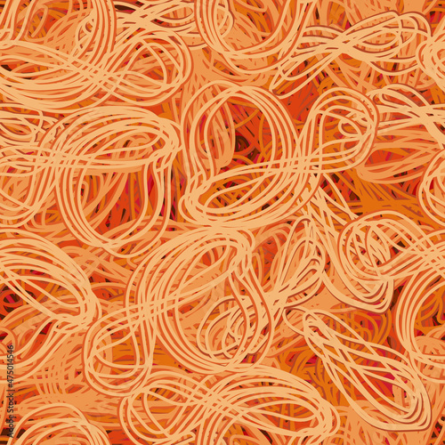 Cartoon illustration of pasta. Vector macaroni seamless pattern. Spicy Asian noodles in tomato sauce. Tangled spaghetti.
