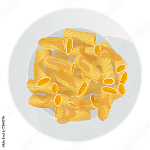 Rigatoni pasta with butter in a plate isolated on white background. Vector cartoon illustration.
