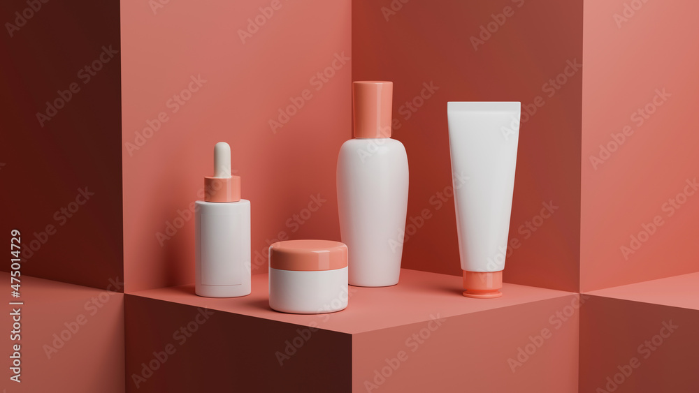 Set of a minimal beauty product packaging on pink square pedestal. Set of a minimal beauty product packaging on pink square pedestal.