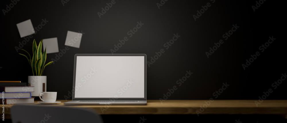 Modern work table with laptop notebook computer mockup Modern work table with laptop notebook computer mockup