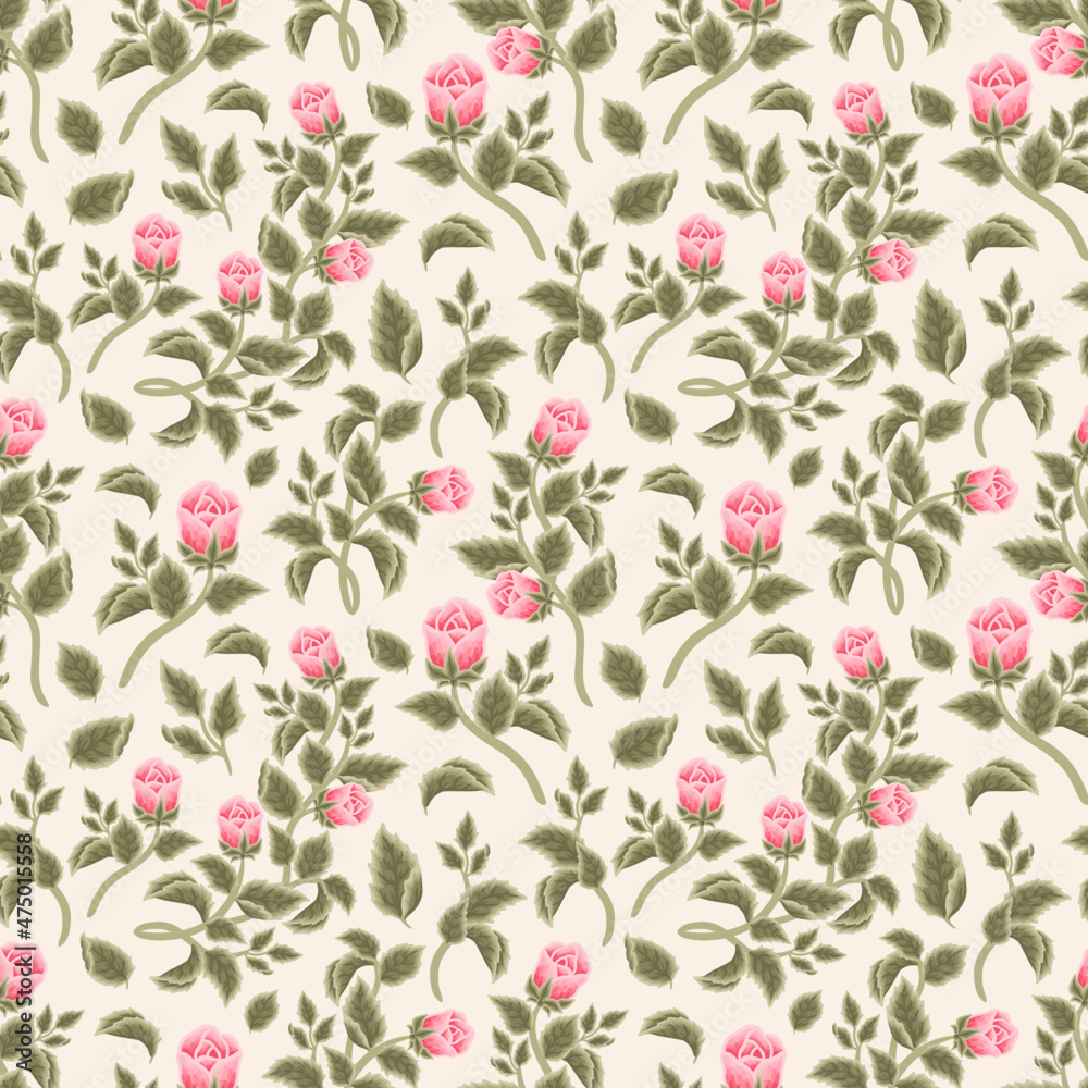 Vintage Shabby Chic Pink Rose Flower Bud and Leaf Branch Seamless Pattern for autumn and spring textile, paper, prints, background, fabric, feminine beauty products, romantic gift wrapping