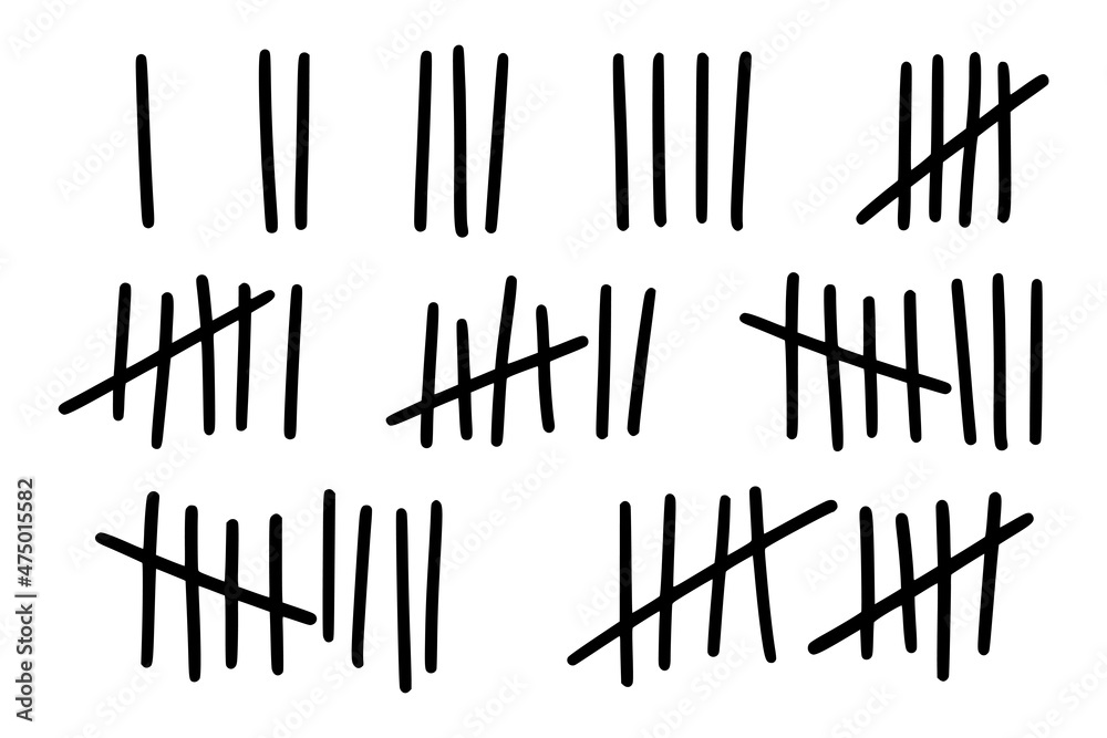 Tally marks to count days in prison. Tally marks for math lessons isolated on white background. Vector illustration Tally marks to count days in prison. Tally marks for math lessons isolated on white background. Vector illustration