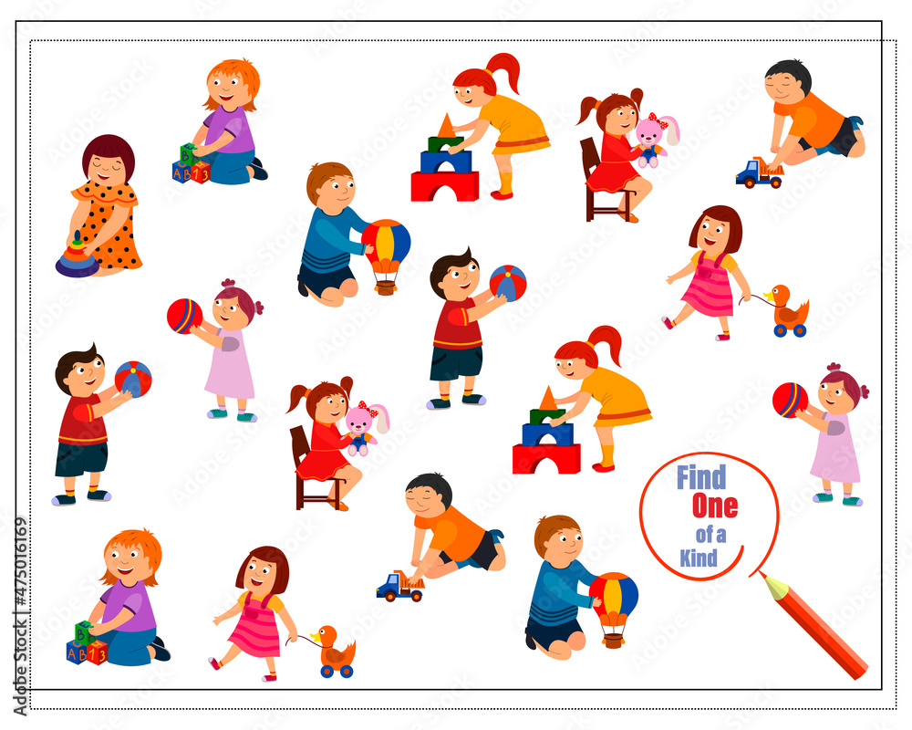 Children's logic game find a couple. Cute cartoon kids playing with toys. vector isolated on a white background.