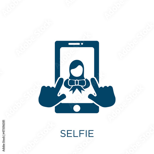 selfie vector icon. camera filled flat symbol for mobile concept and web design. Black digital glyph icon. Isolated sign, logo illustration. Vector graphics.