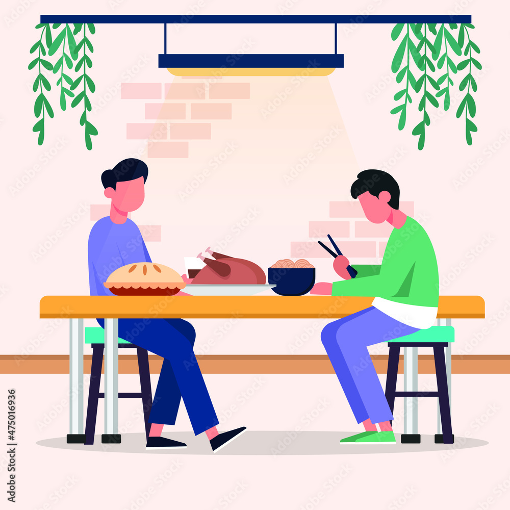 Two young men are having dinner together somewhere. Vector colorful illustration. illustrator. design. simple. new year. graphic.
