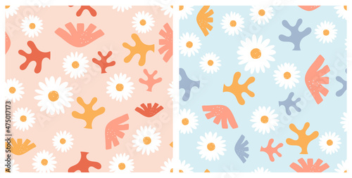 Seamless patterns with cute daisy flower  tropical leaves and exotic plant on orange and blue backgrounds vector illustration.