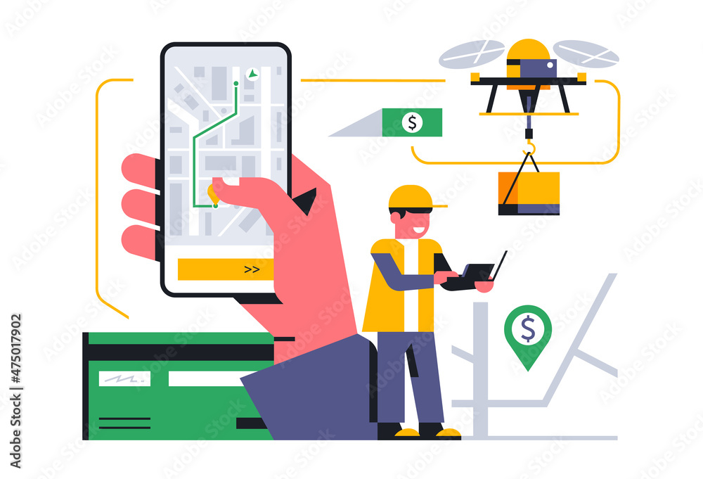 Online home delivery service. A drone delivering a package or food. Tracking the location of the order on the map. Future technologies, fast delivery, courier, route, bank card. Vector illustration