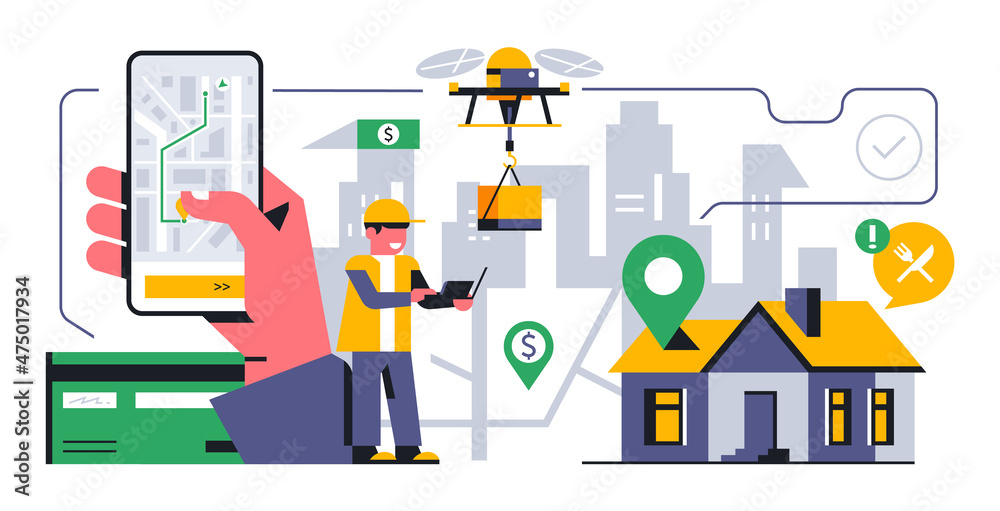 Online home delivery service. A drone delivering a package or food. Tracking the location of the order on the map. Future technologies, home, courier, route, bank card. Vector illustration