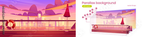 Parallax background sunset city skyline view form ship deck. Modern megapolis architecture near waterfront, skyscraper buildings 2d separated layers for game animation, Cartoon vector illustration © klyaksun