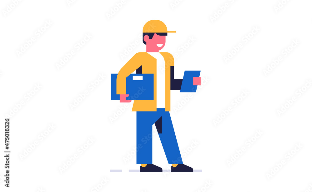 Courier online delivery of parcels. Courier from a delivery service with an order box. Happy man in working uniform. Flat vector illustration isolated on background
