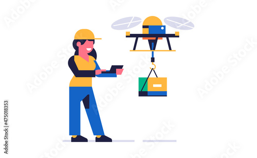 Courier online delivery of parcels. A courier from a delivery service controls a flying drone with an order box. Happy woman in working uniform. Flat vector illustration isolated on background