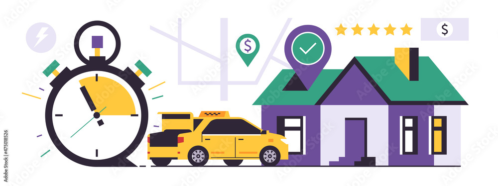 Online taxi ordering service. City taxi service. The yellow cab successfully completed a home transportation order. Five stars rating. Flat vector illustration.