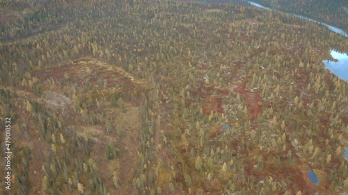 Aerial view of autumn colorful forest, lakes and swamps under the cloudy sky. Clip. Hilly terrain, wild natural landscape, Taiga, Russia.