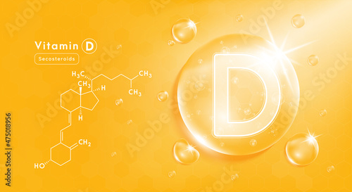 Drop water vitamin D orange and structure. Vitamin complex with Chemical formula from nature. Beauty treatment nutrition skin care design. Medical and scientific concepts. 3D Realistic Vector EPS10.