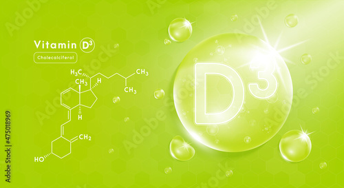 Drop water vitamin D3 green and structure. Vitamin complex with Chemical formula from nature. Beauty treatment nutrition skin care design. Medical and scientific concepts. 3D Realistic Vector EPS10.