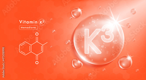Drop water vitamin K3 orange and structure. Vitamin complex with Chemical formula from nature. Beauty treatment nutrition skin care design. Medical and scientific concepts. 3D Realistic Vector EPS10. photo