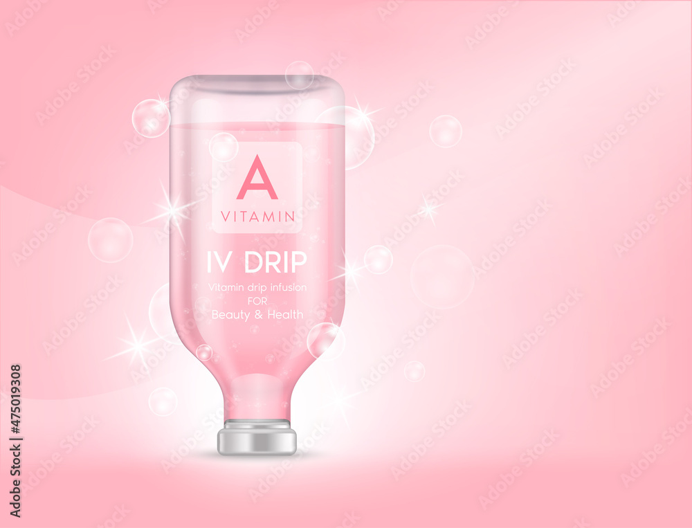 IV bag vitamin A dripping pink. Bottles of vitamins iv drip therapy