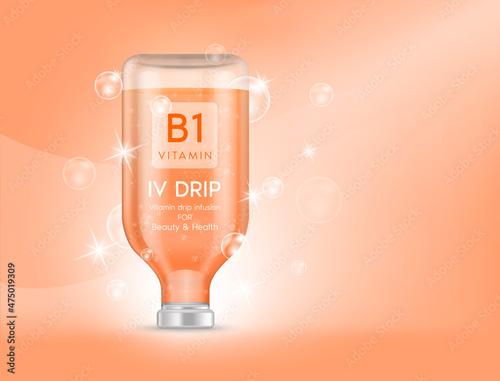 IV bag vitamin B1 dripping orange. Bottles of vitamins iv drip therapy