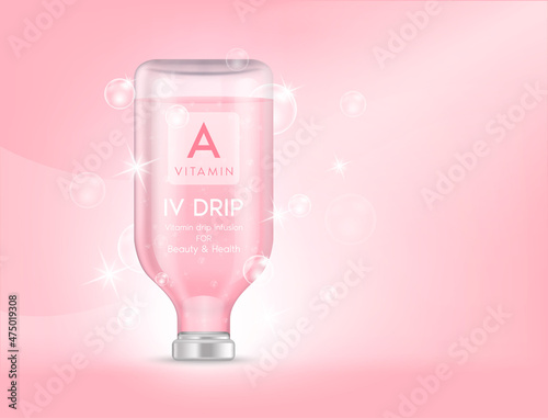 IV bag vitamin A dripping pink. Bottles of vitamins iv drip therapy minerals healthy for health and skin. Injection intravenous infusion of natural nutrients. Medical, beauty concepts. 3D vector.