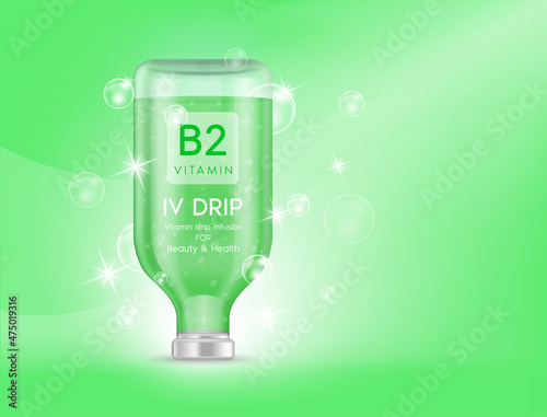 IV bag vitamin B2 dripping green. Bottles of vitamins iv drip therapy minerals healthy for health and skin. Injection intravenous infusion of natural nutrients. Medical, beauty concepts. 3D vector.