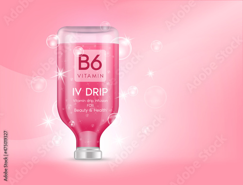 IV bag vitamin B6 dripping red. Bottles of vitamins iv drip therapy minerals healthy for health and skin. Injection intravenous infusion of natural nutrients. Medical, beauty concepts. 3D vector.
