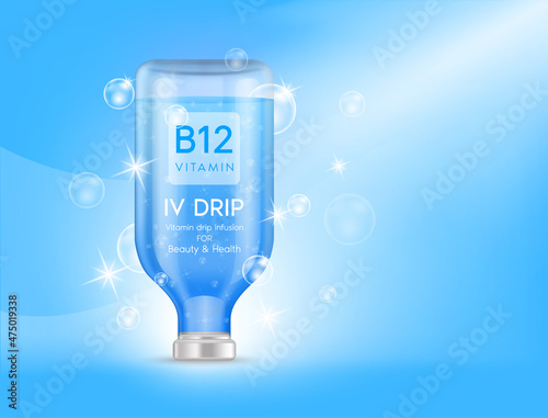 IV bag vitamin B12 dripping blue. Bottles of vitamins iv drip therapy minerals healthy for health and skin. Injection intravenous infusion of natural nutrients. Medical, beauty concepts. 3D vector.