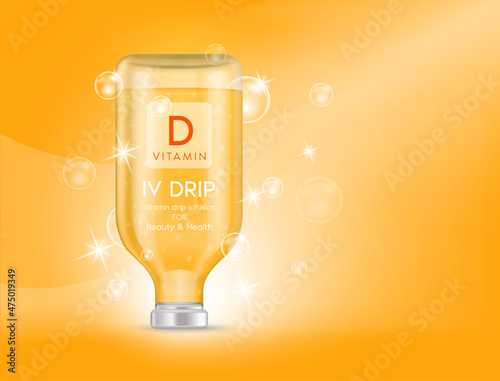 IV bag vitamin D dripping orange. Bottles of vitamins iv drip therapy minerals healthy for health and skin. Injection intravenous infusion of natural nutrients. Medical, beauty concepts. 3D vector.