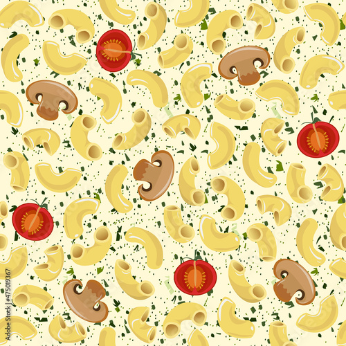 Vector seamless pattern of elbow pasta with champignon mushrooms, tomatoes and herbs. Realistic 3d illustration.