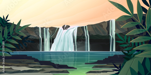 Tela Waterfall cascade in jungle forest cartoon landscape