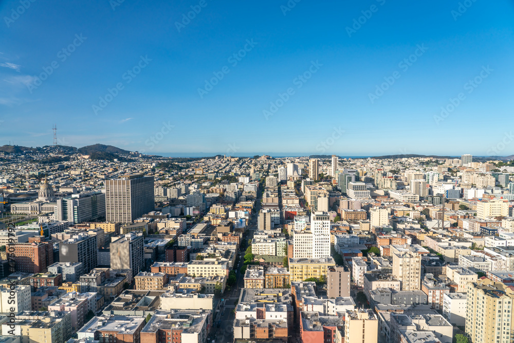 View of City Hall Building and Downtown San Francisco With Clear Blue Skies View of City Hall Building and Downtown San Francisco With Clear Blue Skies