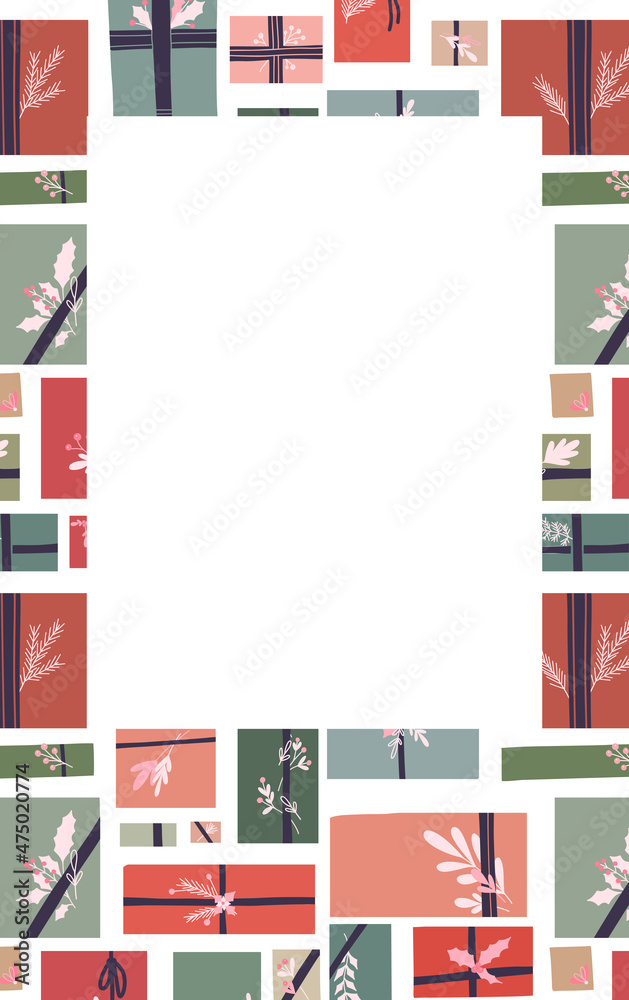 Vector vertical rectangular holiday card with hygge gift boxes with ribbons, branches decorations and place for text. Banner with presents in pastel colors and stems with foliage and copy space Vector vertical rectangular holiday card with hygge gift boxes with ribbons, branches decorations and place for text. Banner with presents in pastel colors and stems with foliage and copy space