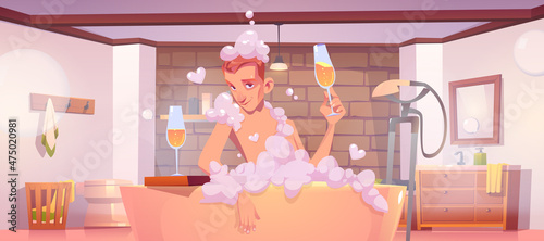 Young man sitting in bath tub with foam drinking champagne, dating in bathtub, relaxation, body care, honeymoon concept. Male character spa and bathing water procedures, Cartoon vector illustration