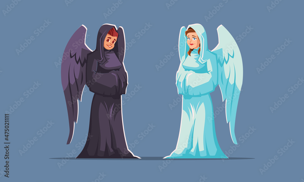 Angel and devil, good and evil characters with wings wear white and black robe. Male and female personages guides to the spirit world in hell or heaven, religious figures, Cartoon vector illustration