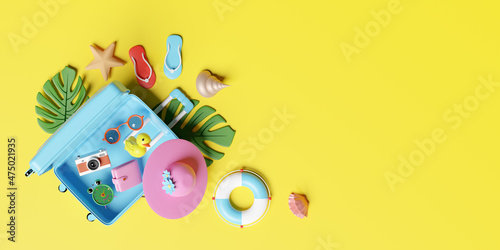 summer travel with blue suitcase,sunglasses,hat,palm leaf,lifebuoy,sandals,starfish,space,shellfish,alarm clock isolated on yellow background.top view ,concept 3d illustration or 3d render