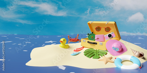 summer travel with yellow suitcase, ,island,camera,alarm clock, duck,sandals,palm leaf,lifebuoy,sunglasses,hat,starfish,shellfish isolated on blue sky background,concept 3d illustration,3d render