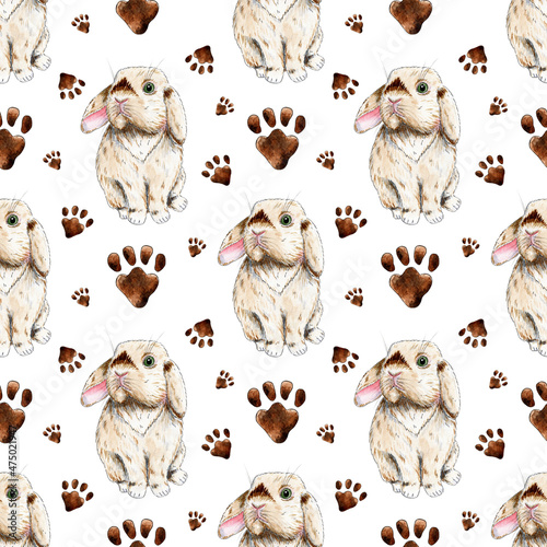Watercolor painting pattern rabbit and paw prints. Cute pet bunny. Seamless repeating print for home decor or kids textiles. Isolated on white background. Drawn by hand.