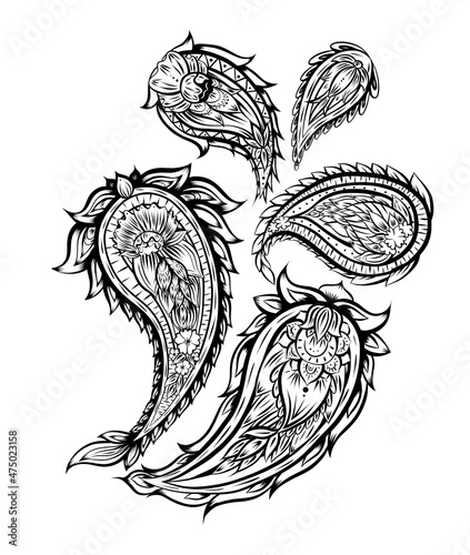 Wallpaper Mural Vector composition of monochrome contour paisley pattern. Concept of black outline tribal flower elements on white background. Indian floral ornament with boho decoration for card and coloring page Torontodigital.ca