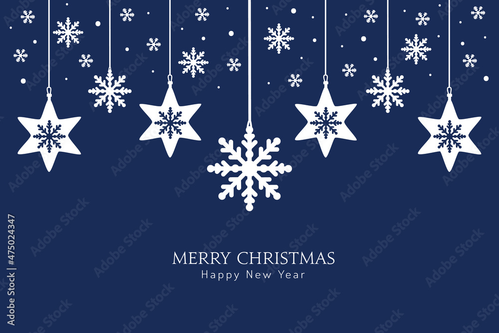 Merry Christmas card design of xmas with snowflakes hanging on blue background.