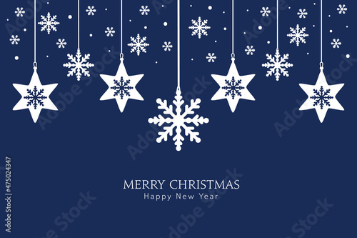 Merry Christmas card design of xmas with snowflakes hanging on blue background.