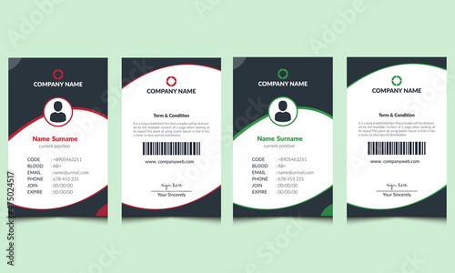 Modern simple unique professional elegant creative corporate office id card design template vector for employee identity and others with red and green shapes.  