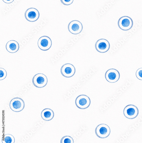 Hand drawn watercolor painting seamless pattern. Blue colored geometric background with circles on textured paper. Softness simple Template for design, textile, wallpaper, carpet, ceramics.