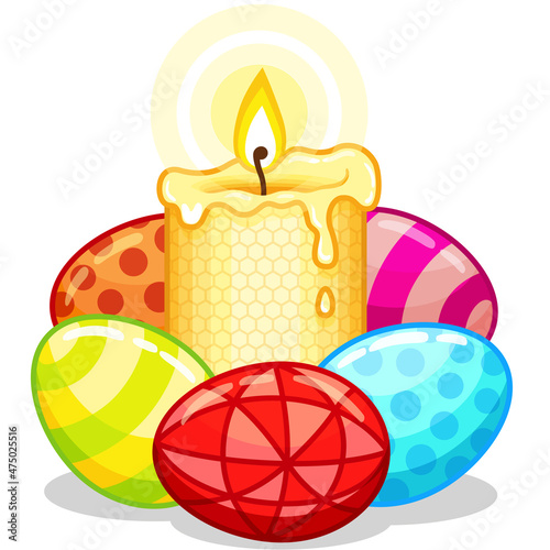 Vector Yellow Yellow candle with Easter eggs. Burning beeswax candles