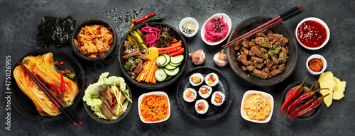 Assortment of Korean traditional dishes. . photo