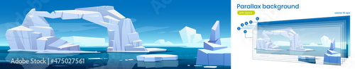 Fotografering Parallax background arctic 2d landscape, iceberg and glaciers floating in sea
